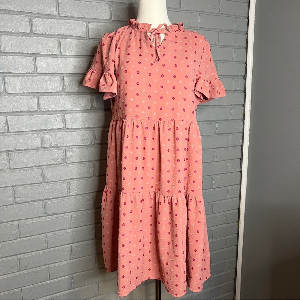 Joie De Vivre Pink Rose Textured Polka Dot Ruffle Dress Size Medium